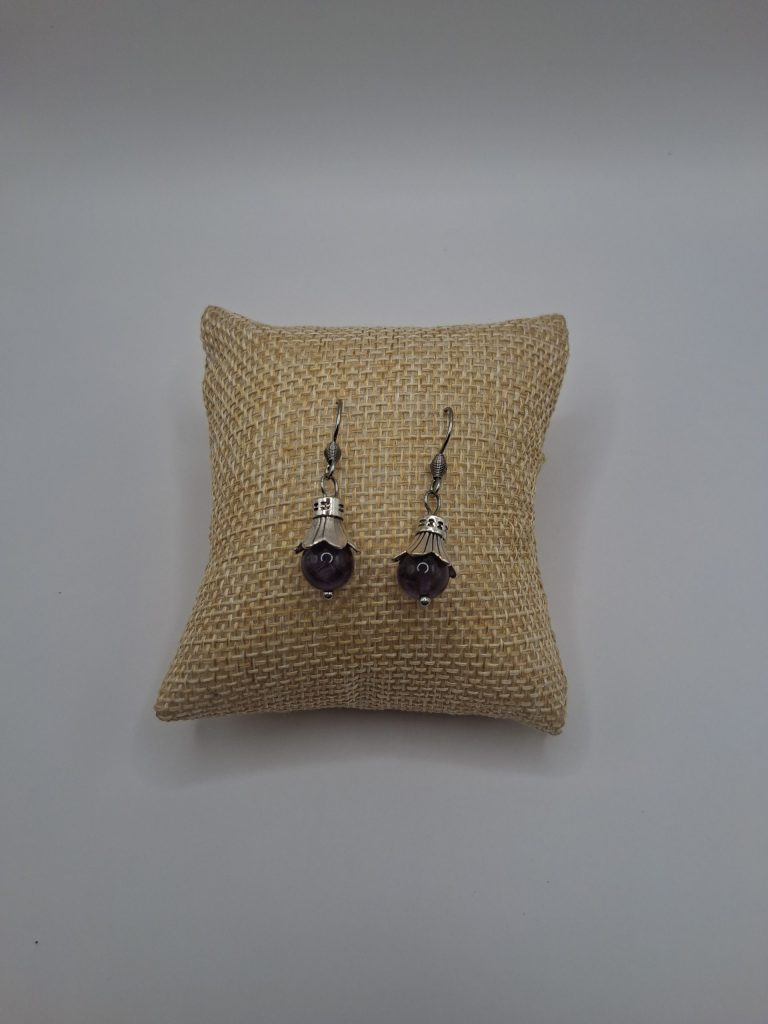 boucles d'oreilles en pierres naturelles améthyste fleur et acier inoxydable